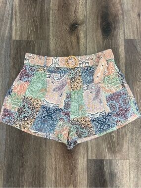 Rachel Zoe Belted Linen High Waist Multicolor Paisley Boho Shorts 🧡🎋